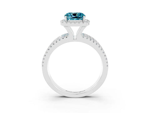 White gold {shape_name} Blue Topaz Halo Engagement Ring with Split Shank and Four-Prong Setting_3