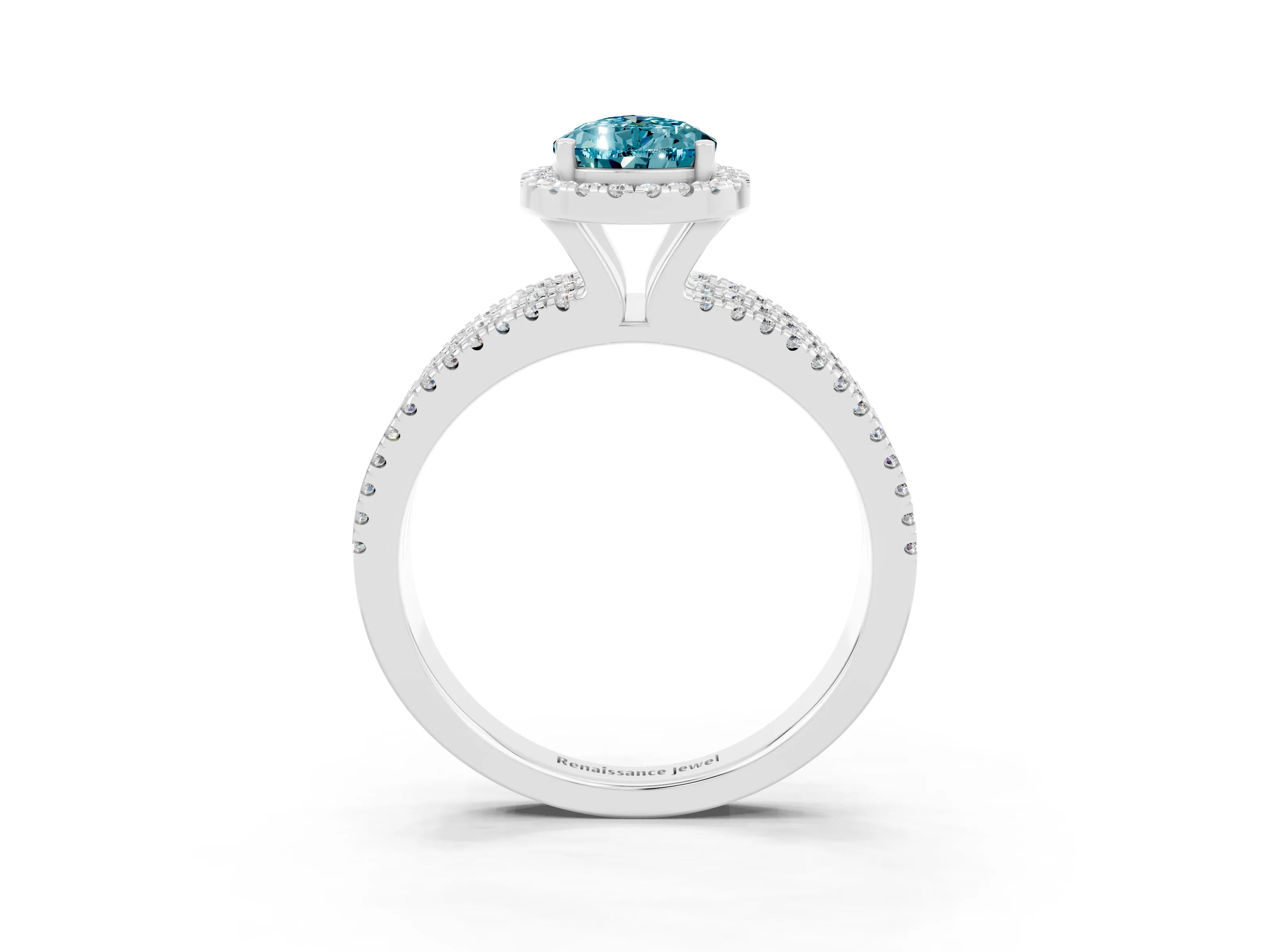 White gold {shape_name} Blue Topaz Halo Engagement Ring with Split Shank and Four-Prong Setting_3