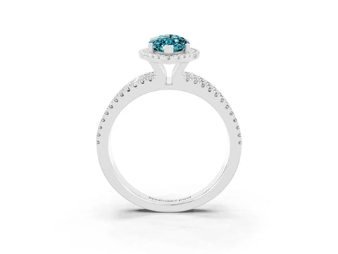 White gold {shape_name} Blue Topaz Halo Engagement Ring with Split Shank and Four-Prong Setting_3