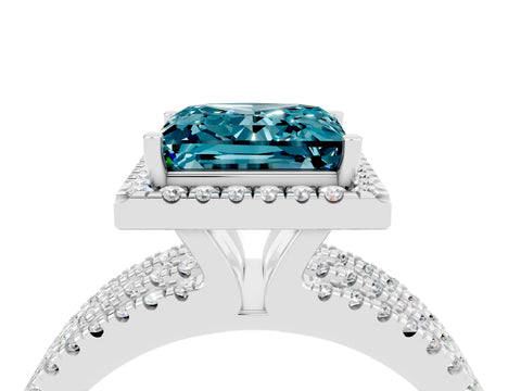 White gold {shape_name} Blue Topaz Halo Engagement Ring with Split Shank and Four-Prong Setting_4