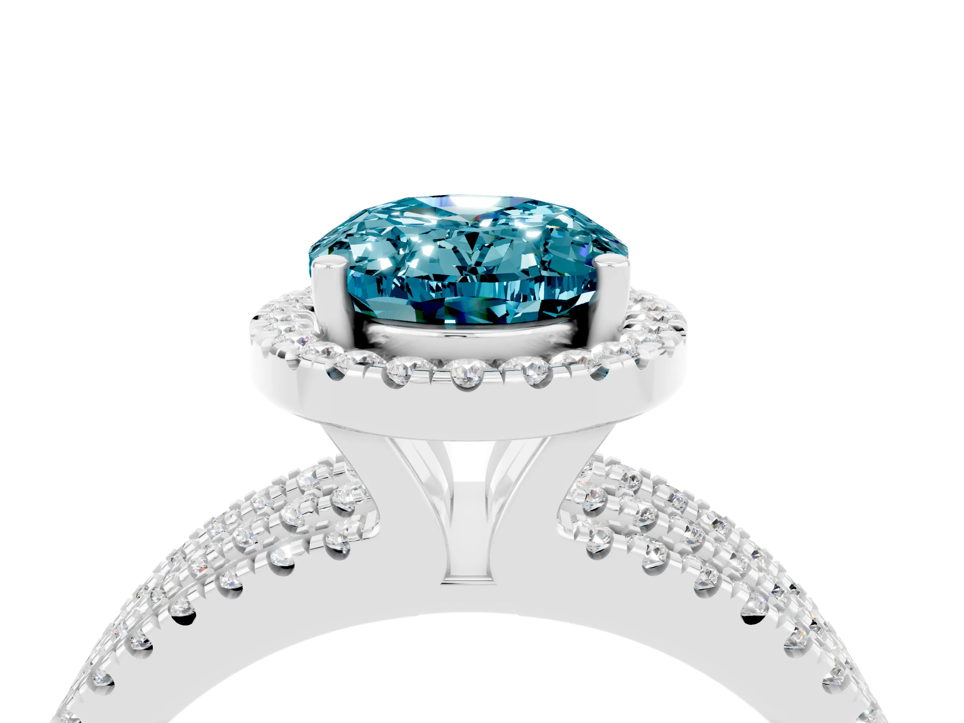 White gold {shape_name} Blue Topaz Halo Engagement Ring with Split Shank and Four-Prong Setting_4