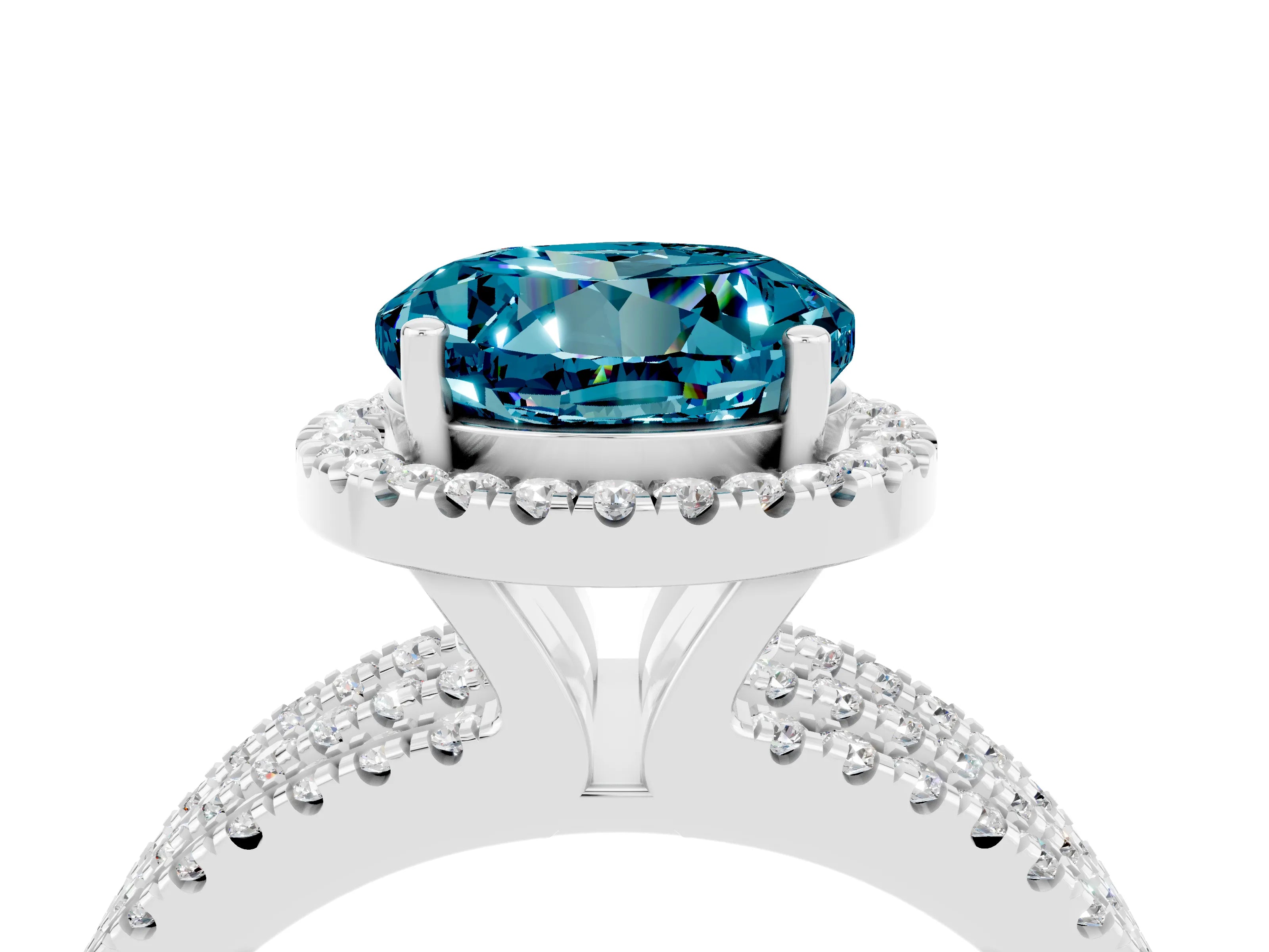 White gold {shape_name} Blue Topaz Halo Engagement Ring with Split Shank and Four-Prong Setting_4
