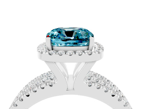 White gold {shape_name} Blue Topaz Halo Engagement Ring with Split Shank and Four-Prong Setting_4