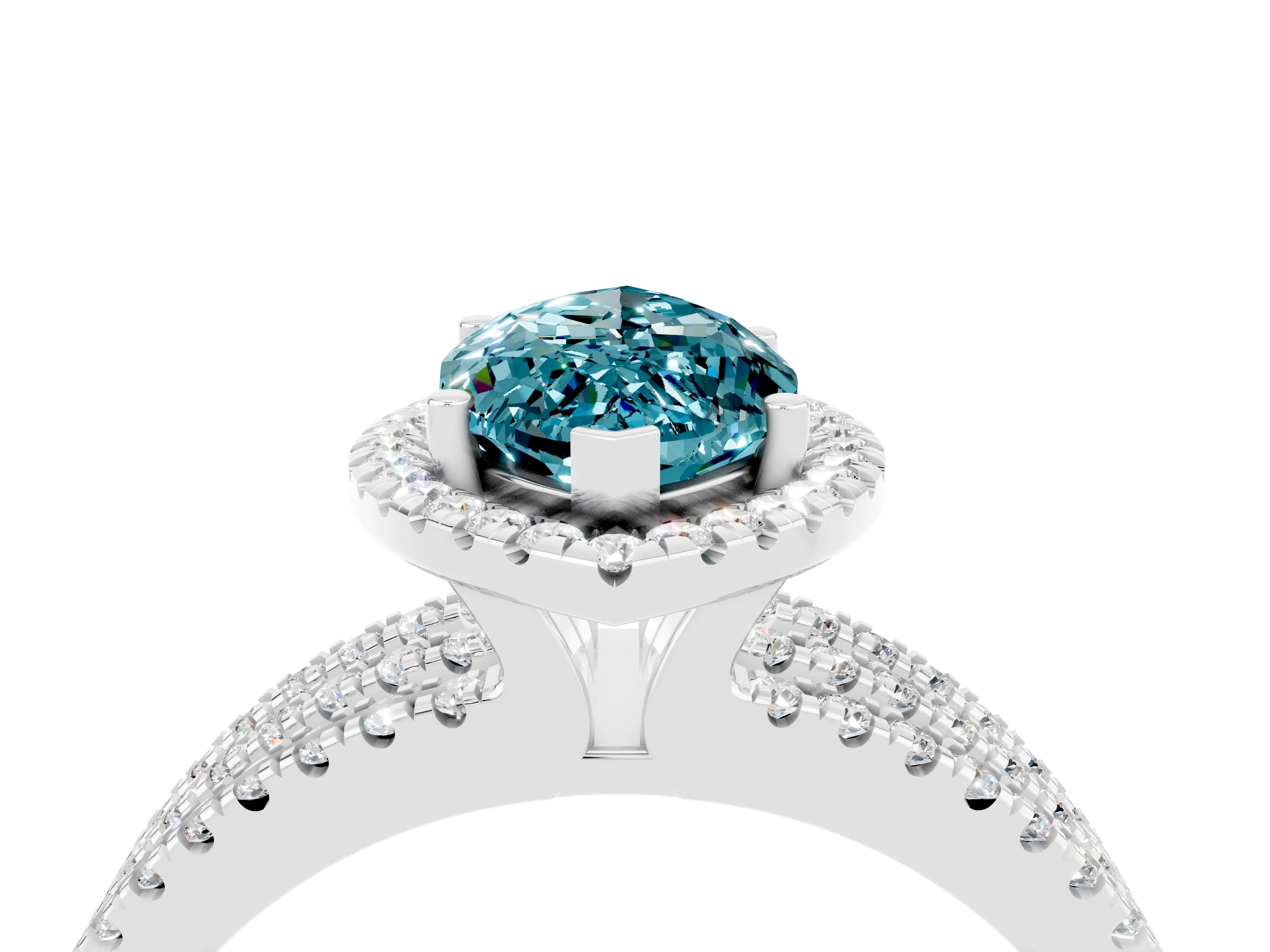 White gold {shape_name} Blue Topaz Halo Engagement Ring with Split Shank and Four-Prong Setting_4