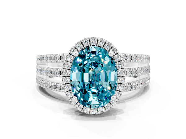 Silver Oval Cut Blue Topaz Halo Engagement Ring with Split Shank and Four-Prong Setting