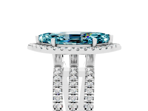 White gold {shape_name} Blue Topaz Halo Engagement Ring with Split Shank and Four-Prong Setting_5