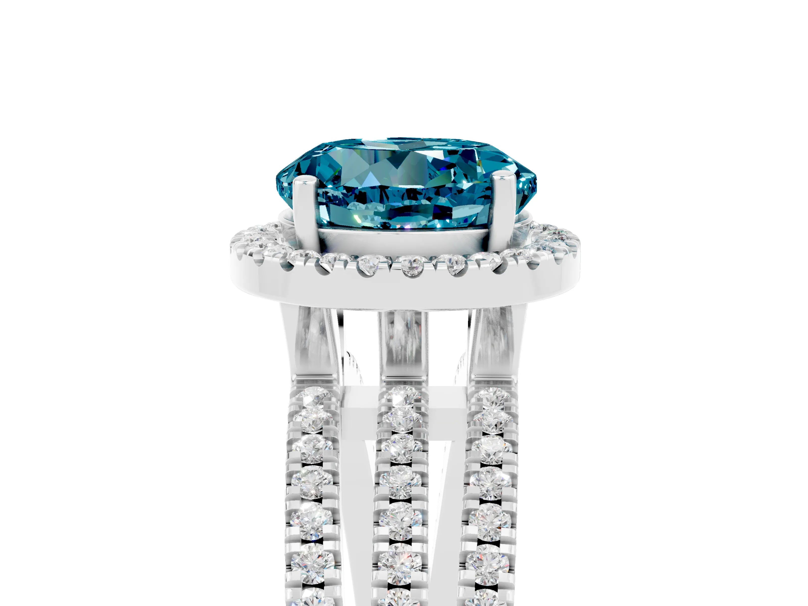 White gold {shape_name} Blue Topaz Halo Engagement Ring with Split Shank and Four-Prong Setting_5