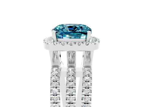 White gold {shape_name} Blue Topaz Halo Engagement Ring with Split Shank and Four-Prong Setting_5