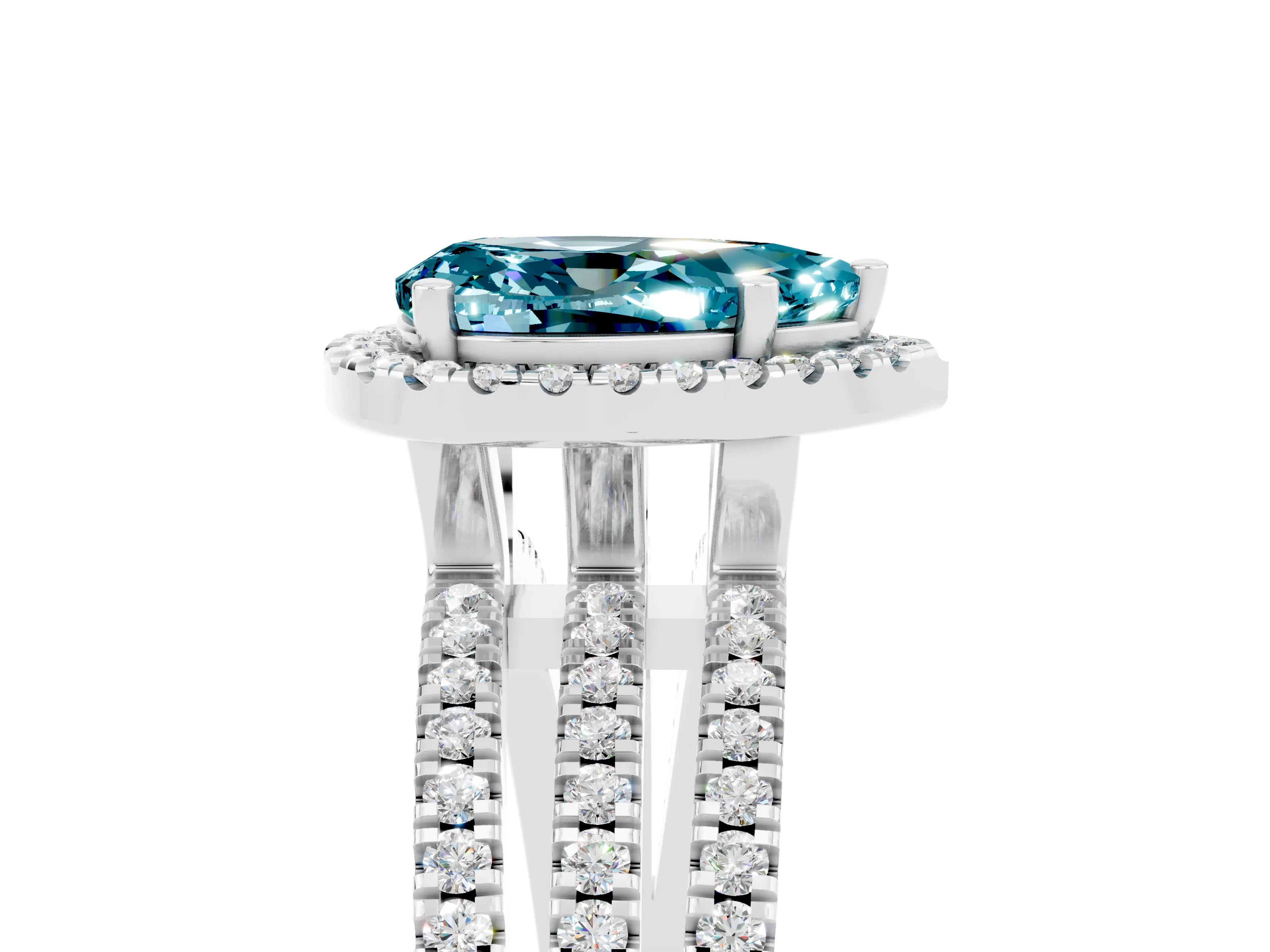 White gold {shape_name} Blue Topaz Halo Engagement Ring with Split Shank and Four-Prong Setting_5
