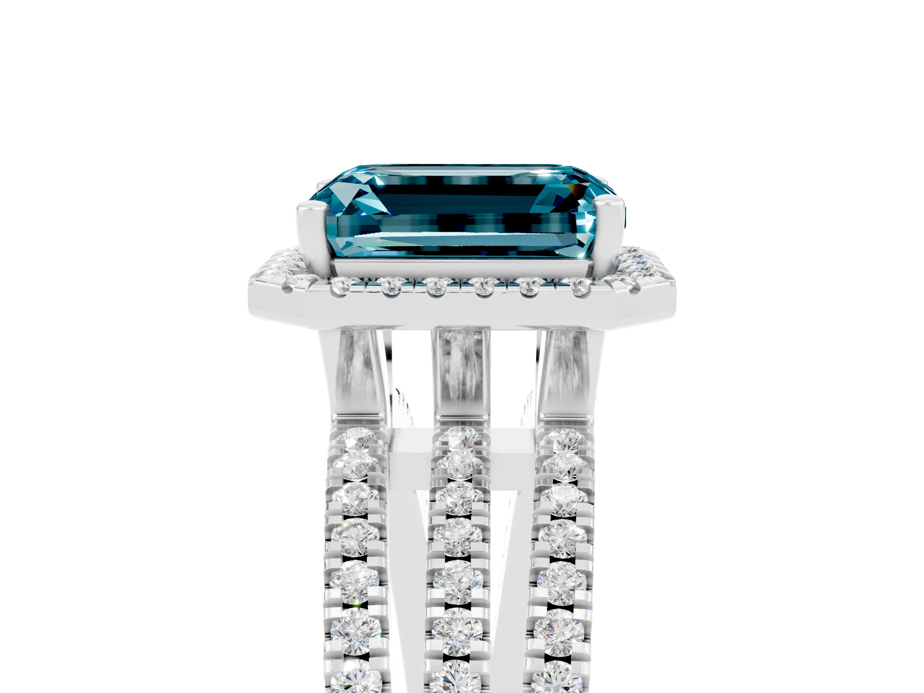 White gold {shape_name} Blue Topaz Halo Engagement Ring with Split Shank and Four-Prong Setting_5