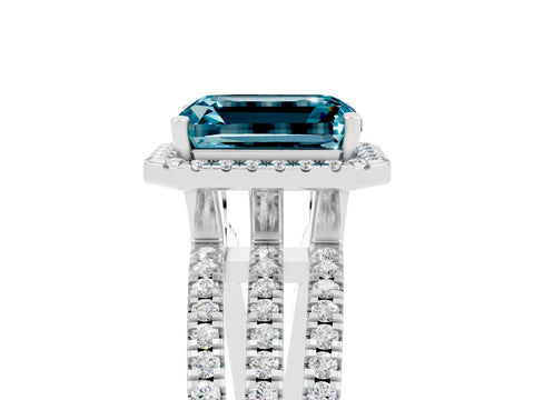 White gold {shape_name} Blue Topaz Halo Engagement Ring with Split Shank and Four-Prong Setting_5