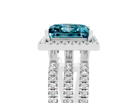 White gold {shape_name} Blue Topaz Halo Engagement Ring with Split Shank and Four-Prong Setting_5