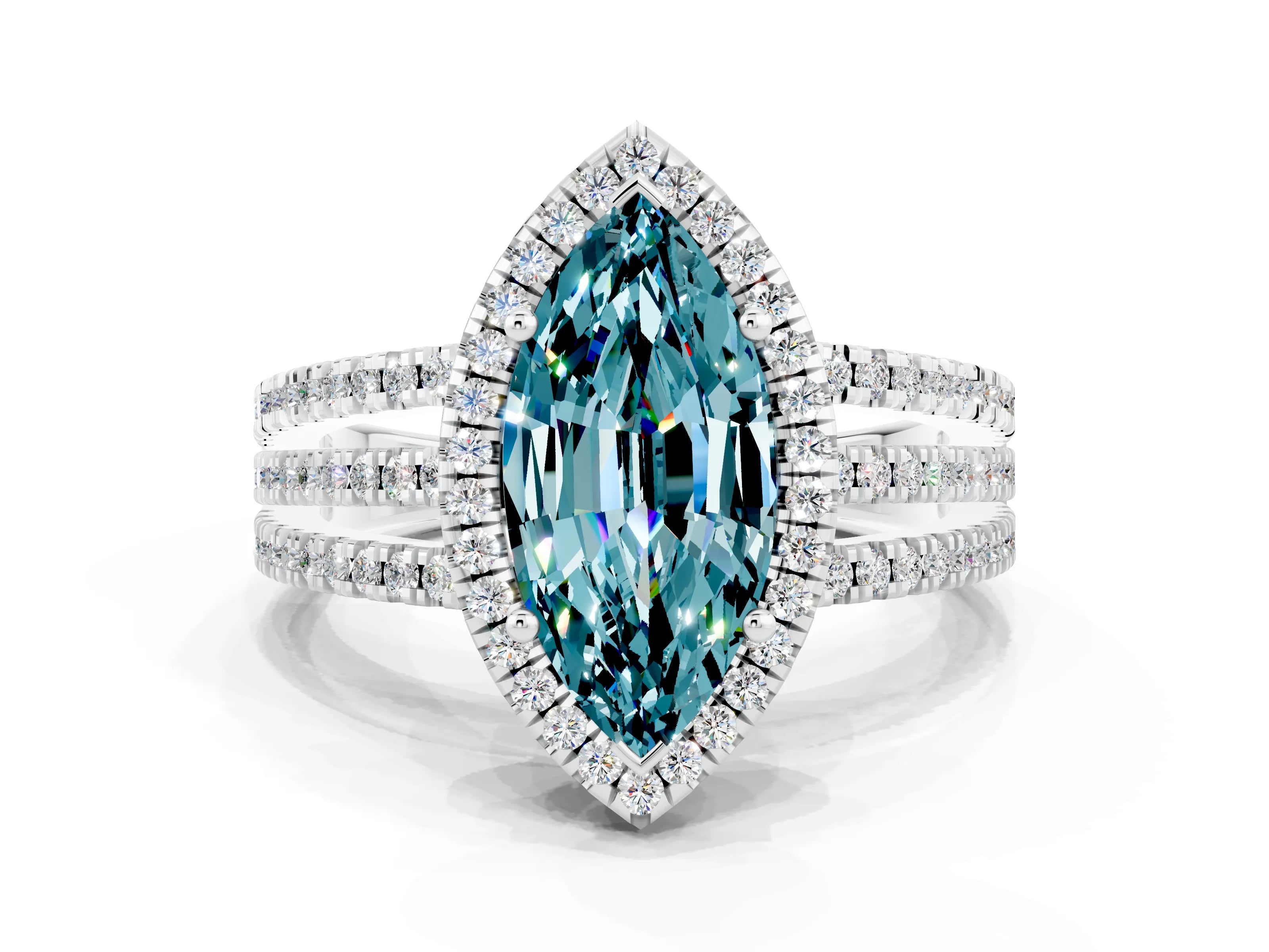 White gold {shape_name} Blue Topaz Halo Engagement Ring with Split Shank and Four-Prong Setting