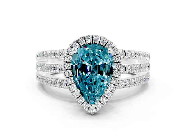Silver Pear Cut Blue Topaz Halo Engagement Ring with Split Shank and Four-Prong Setting