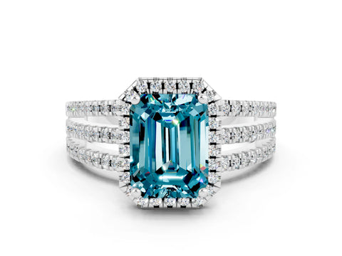 White gold {shape_name} Blue Topaz Halo Engagement Ring with Split Shank and Four-Prong Setting