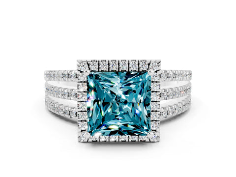 White gold {shape_name} Blue Topaz Halo Engagement Ring with Split Shank and Four-Prong Setting