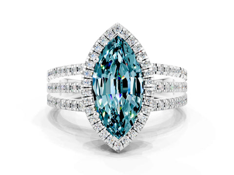 White gold {shape_name} Blue Topaz Halo Engagement Ring with Split Shank and Four-Prong Setting