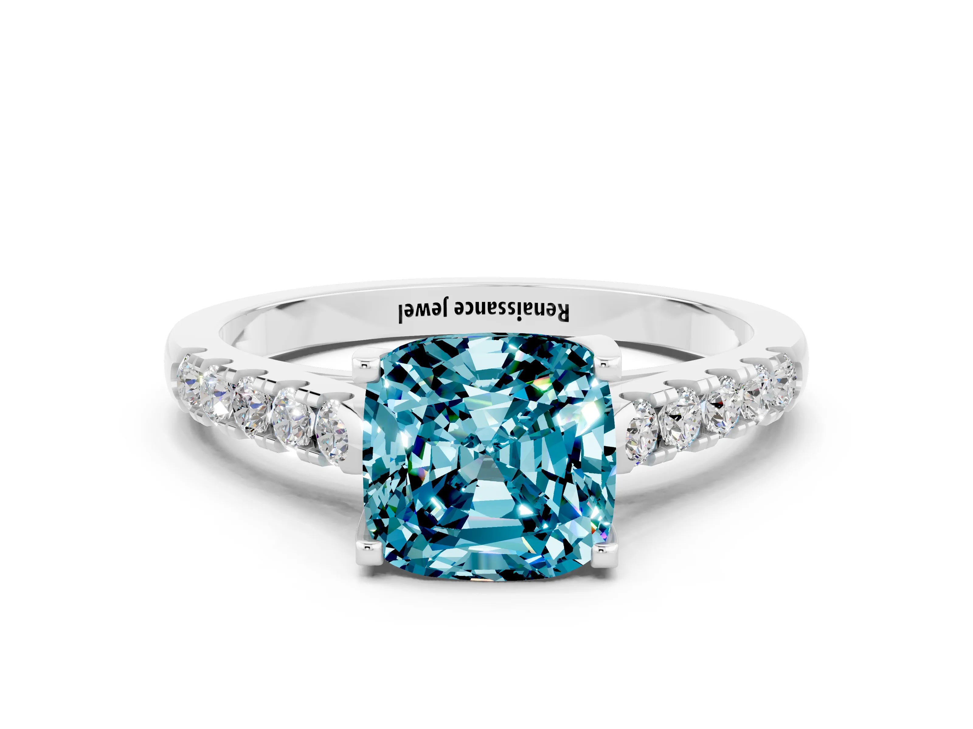 White gold {shape_name} Blue Topaz Solitaire Ring with Pavé Band and Four-Prong Setting