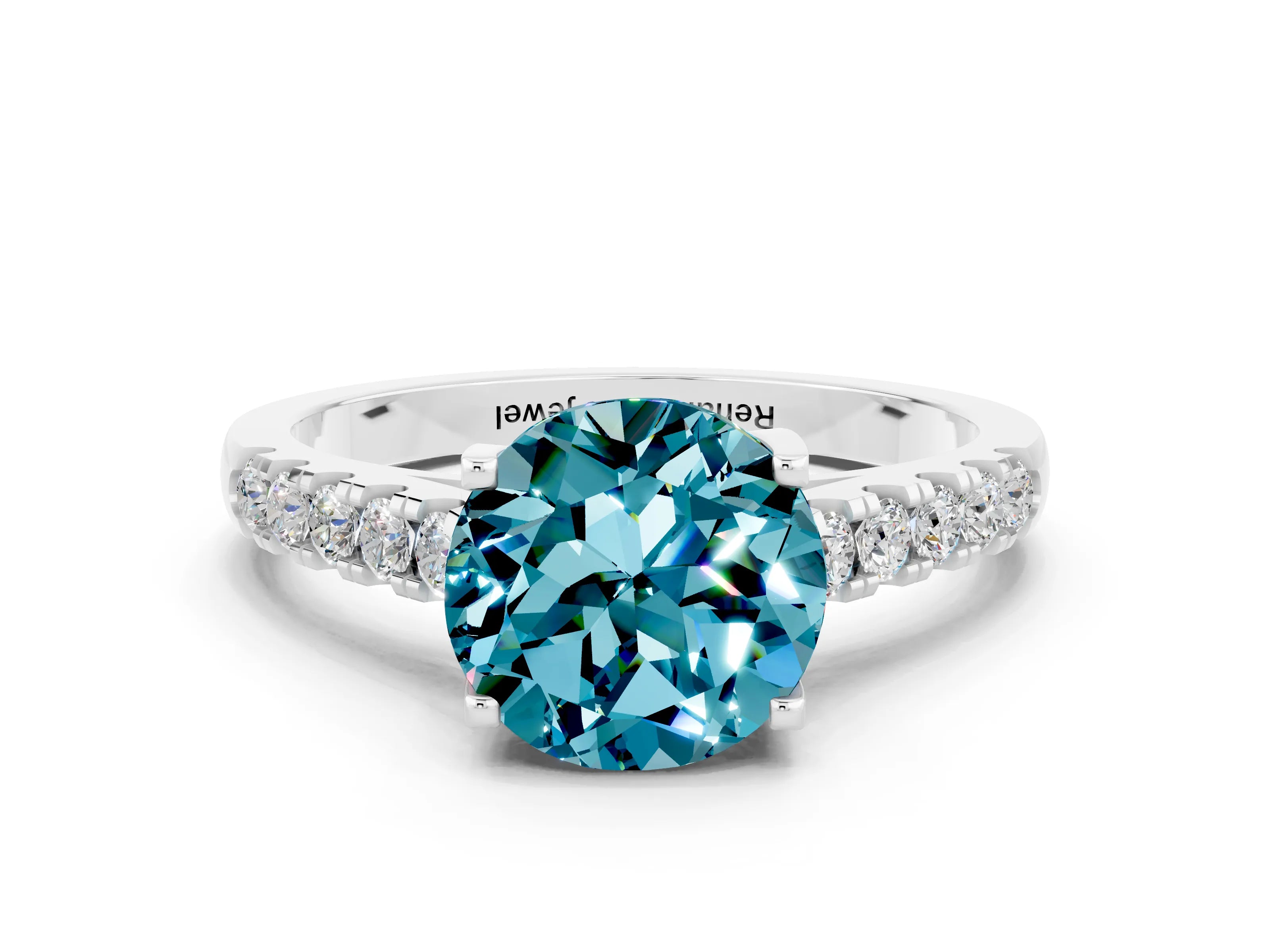 White gold {shape_name} Blue Topaz Solitaire Ring with Pavé Band and Four-Prong Setting