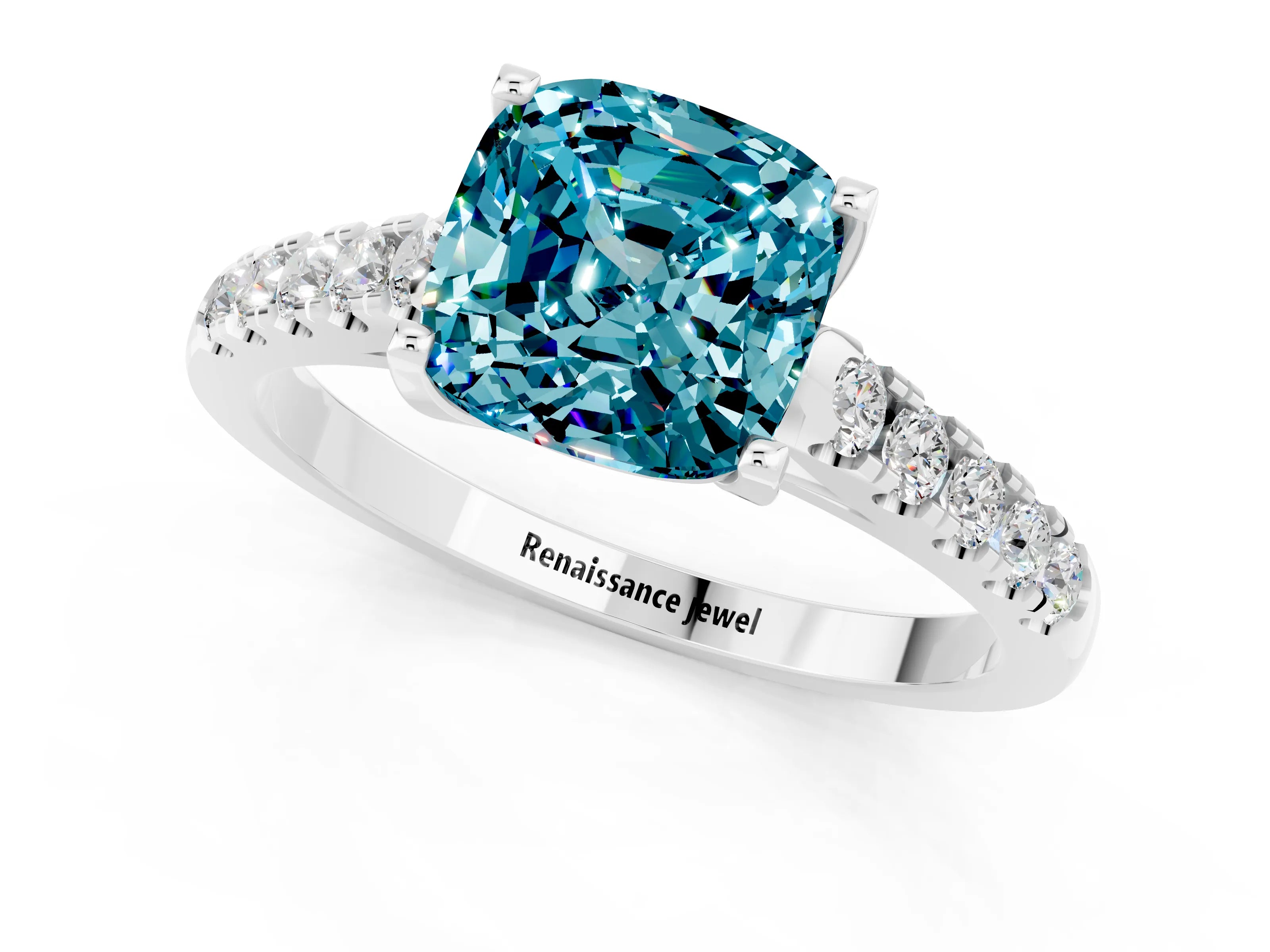 White gold {shape_name} Blue Topaz Solitaire Ring with Pavé Band and Four-Prong Setting_1
