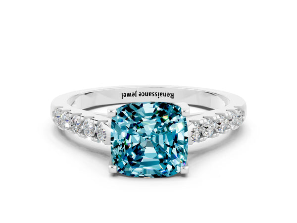 White gold Cushion Cut Blue Topaz Pavé Band Solitaire Ring with Prong Setting