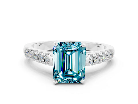 White gold {shape_name} Blue Topaz Solitaire Ring with Pavé Band and Four-Prong Setting_12