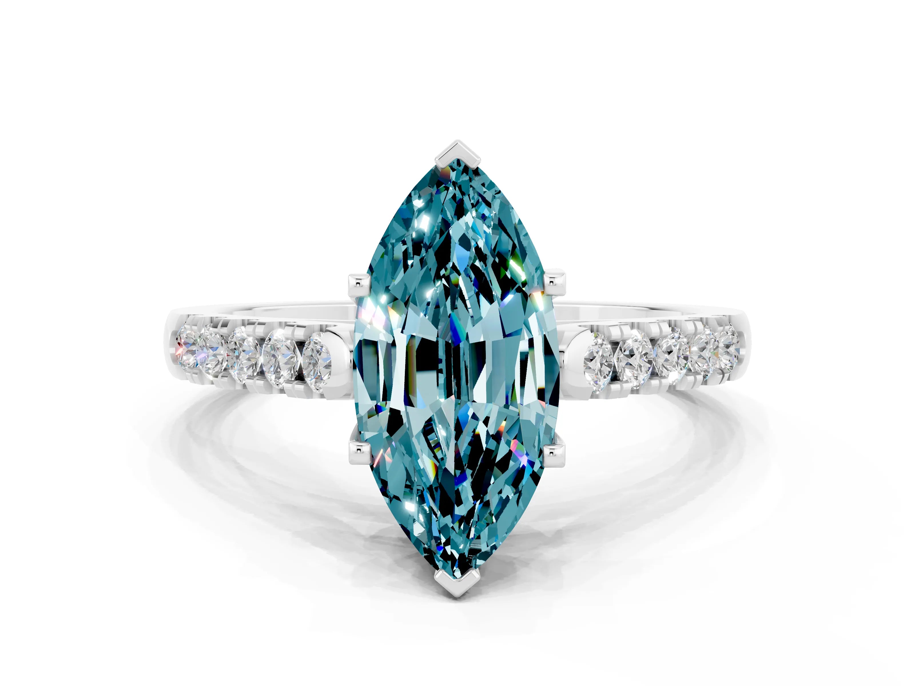 White gold {shape_name} Blue Topaz Solitaire Ring with Pavé Band and Four-Prong Setting_12