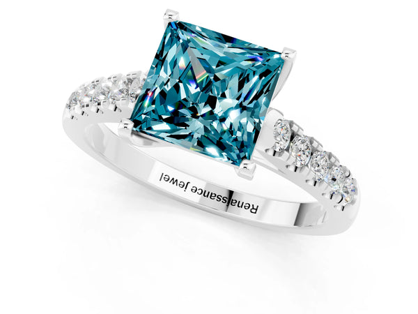 White gold Princess Cut Blue Topaz Pavé Band Solitaire Ring with Prong Setting