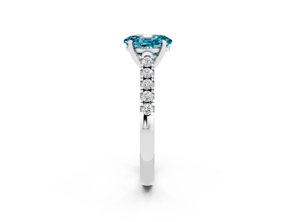 White gold Oval Cut Blue Topaz Pavé Band Solitaire Ring with Prong Setting