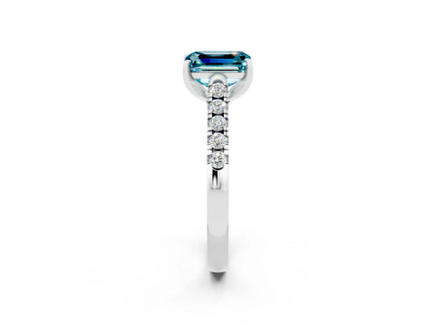 White gold {shape_name} Blue Topaz Solitaire Ring with Pavé Band and Four-Prong Setting_14