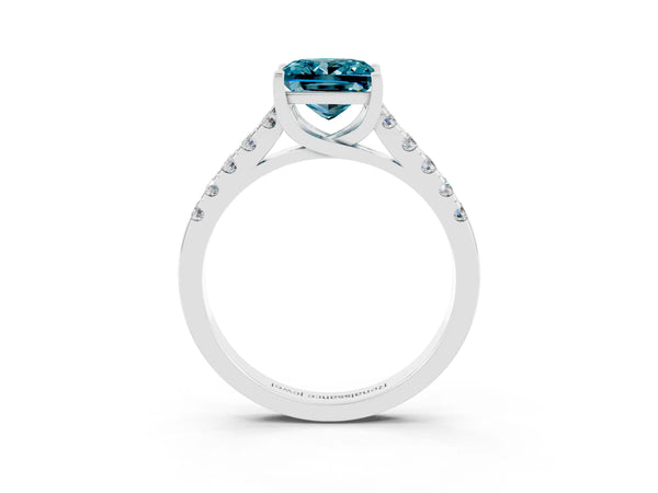 White gold Princess Cut Blue Topaz Pavé Band Solitaire Ring with Prong Setting