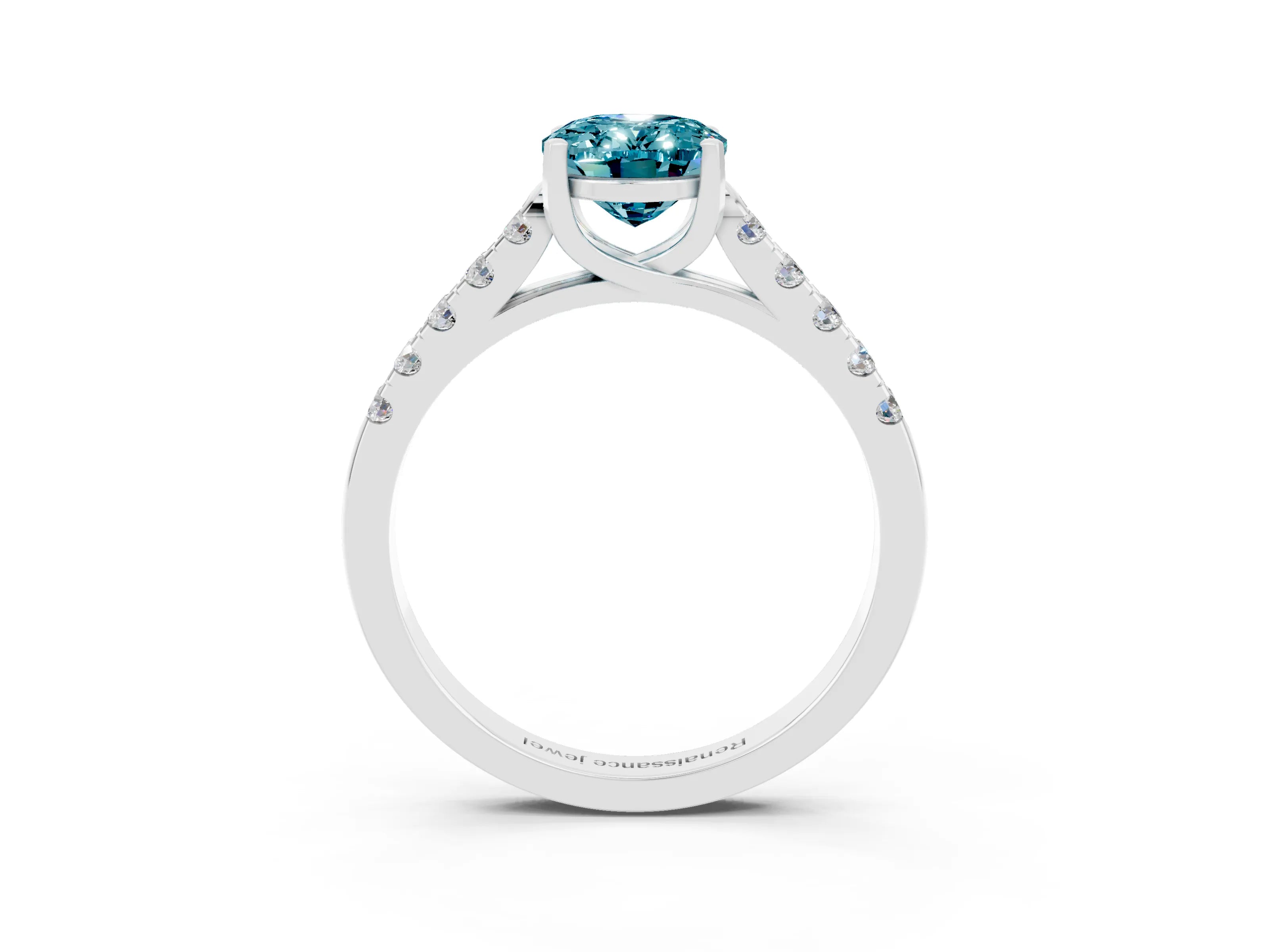 White gold {shape_name} Blue Topaz Solitaire Ring with Pavé Band and Four-Prong Setting_15