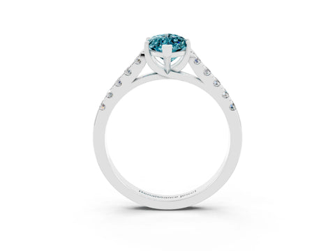 White gold {shape_name} Blue Topaz Solitaire Ring with Pavé Band and Four-Prong Setting_15