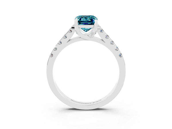 White gold Emerald Cut Blue Topaz Pavé Band Solitaire Ring with Prong Setting