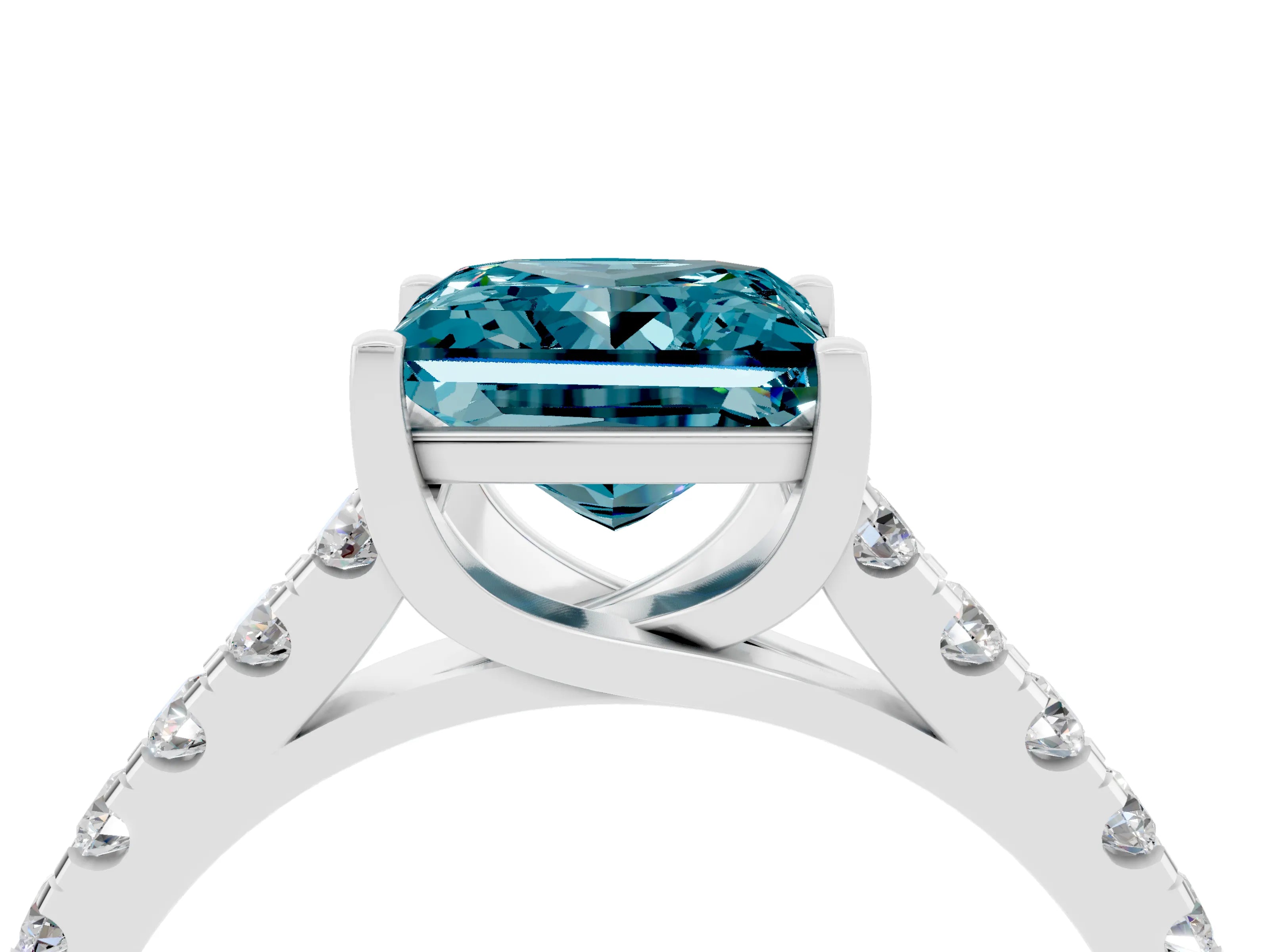 White gold {shape_name} Blue Topaz Solitaire Ring with Pavé Band and Four-Prong Setting_16