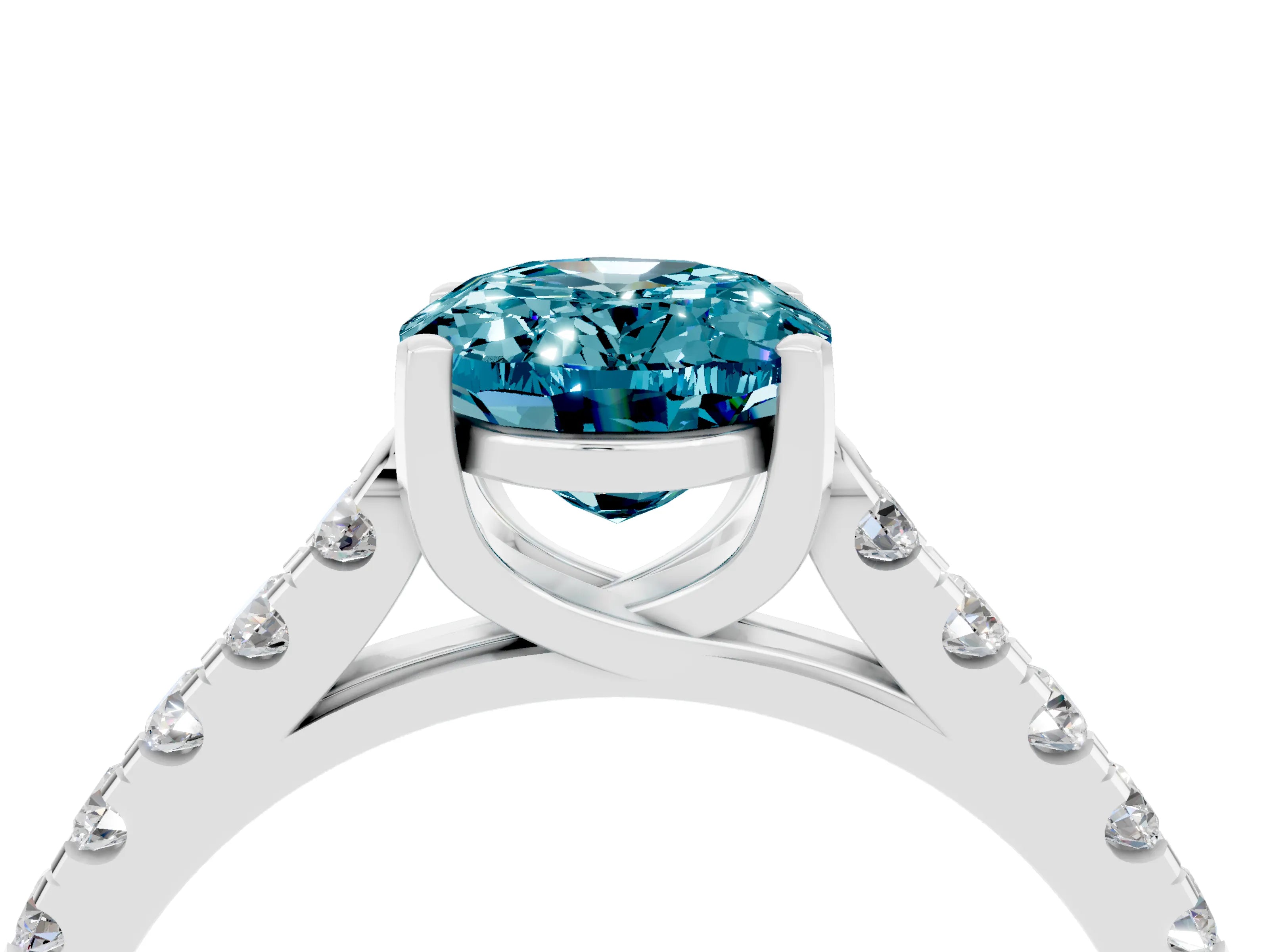 White gold {shape_name} Blue Topaz Solitaire Ring with Pavé Band and Four-Prong Setting_16