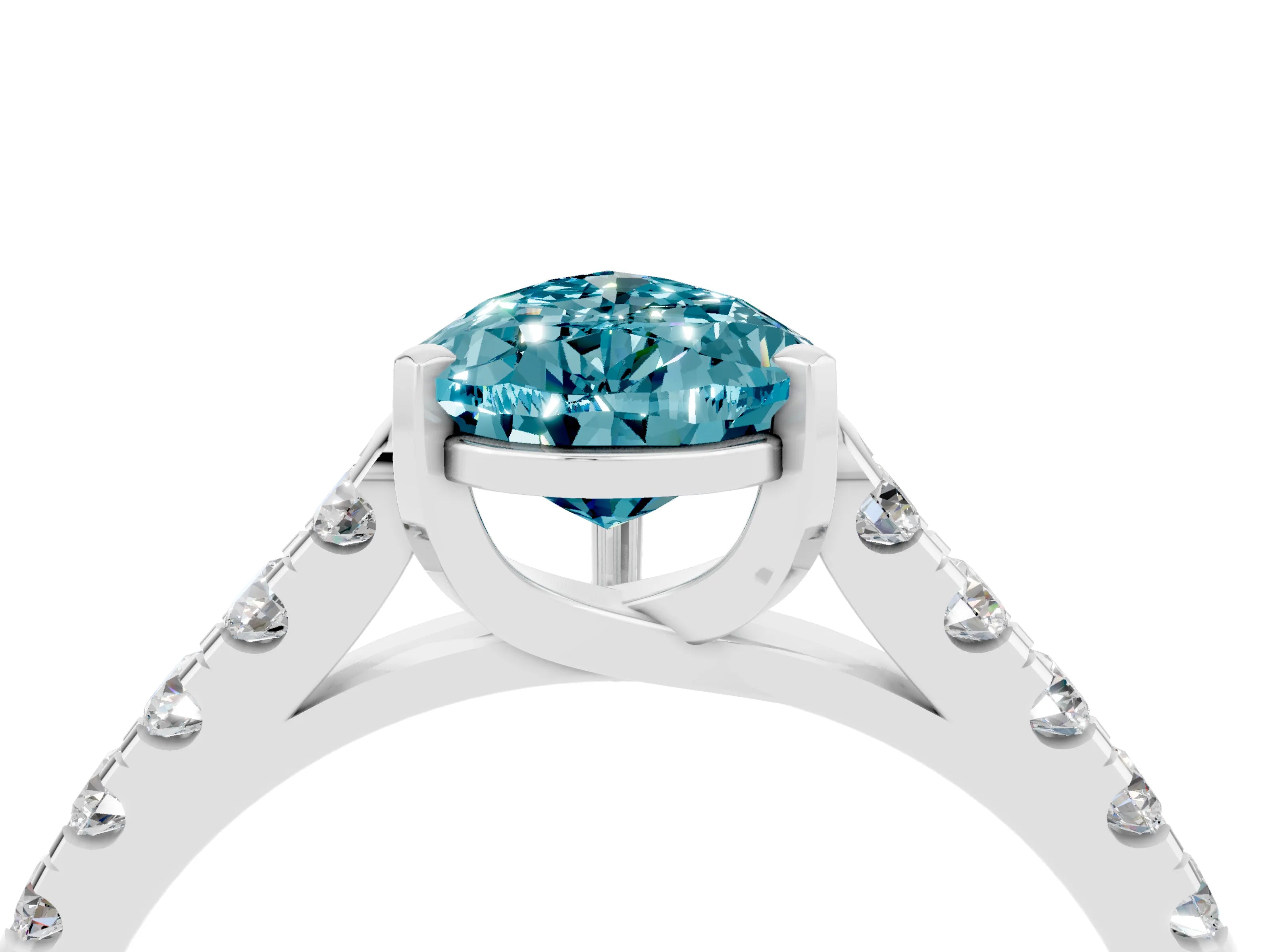 White gold {shape_name} Blue Topaz Solitaire Ring with Pavé Band and Four-Prong Setting_16