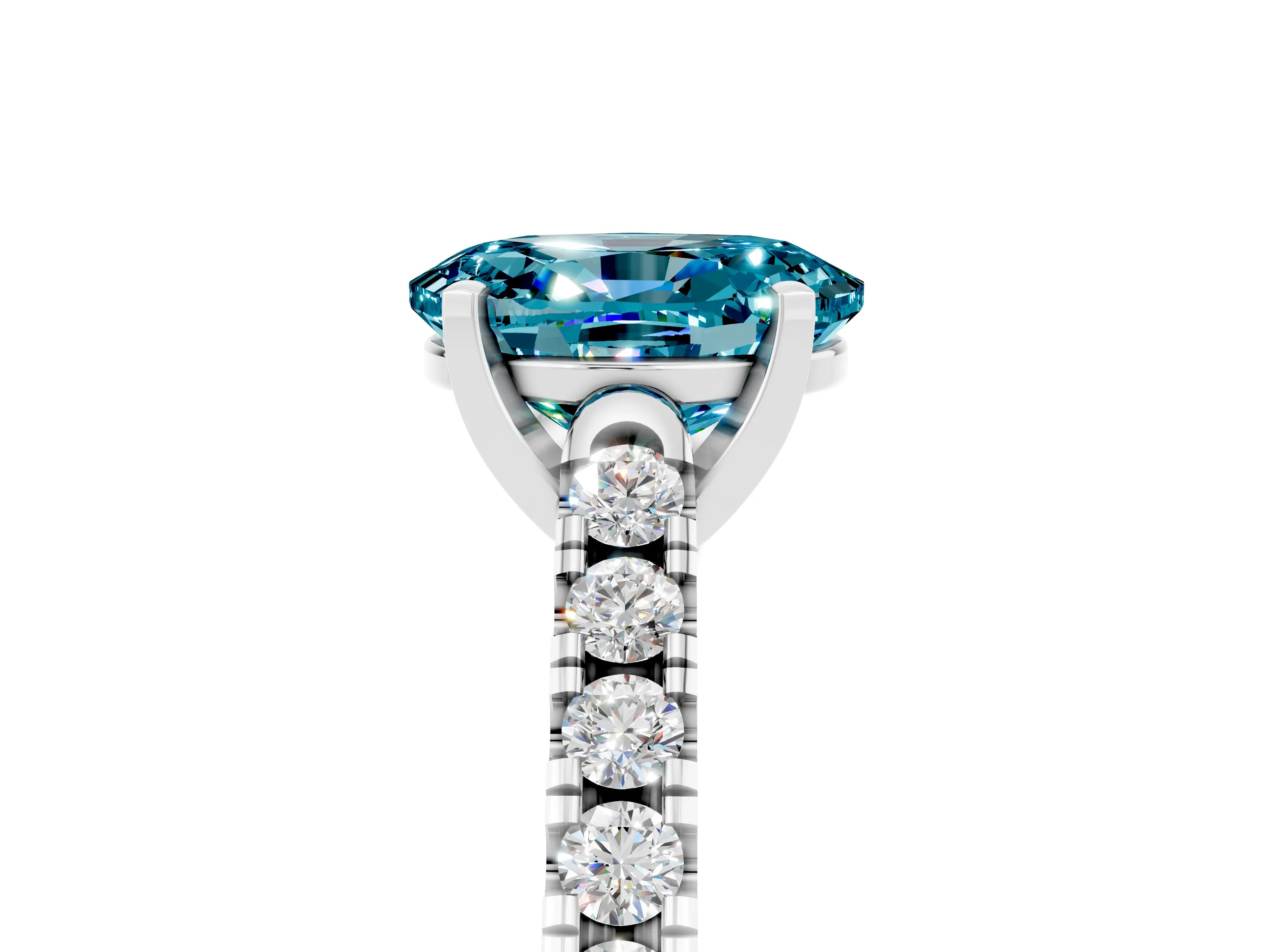White gold {shape_name} Blue Topaz Solitaire Ring with Pavé Band and Four-Prong Setting_17