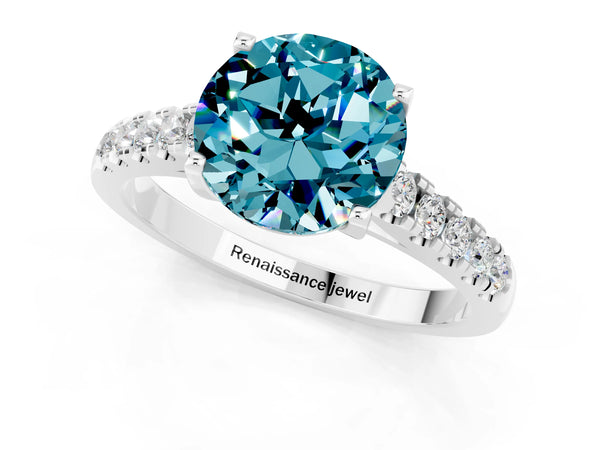 Silver Round Cut Blue Topaz Pavé Band Solitaire Ring with Prong Setting