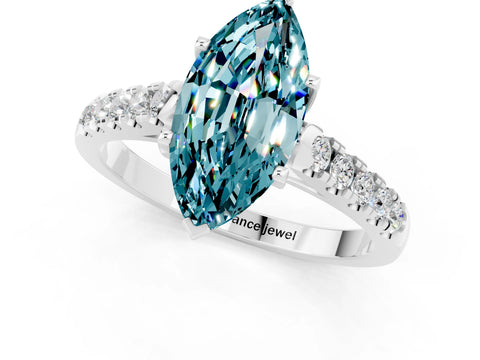 White gold {shape_name} Blue Topaz Solitaire Ring with Pavé Band and Four-Prong Setting_1