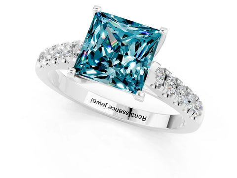White gold {shape_name} Blue Topaz Solitaire Ring with Pavé Band and Four-Prong Setting_1