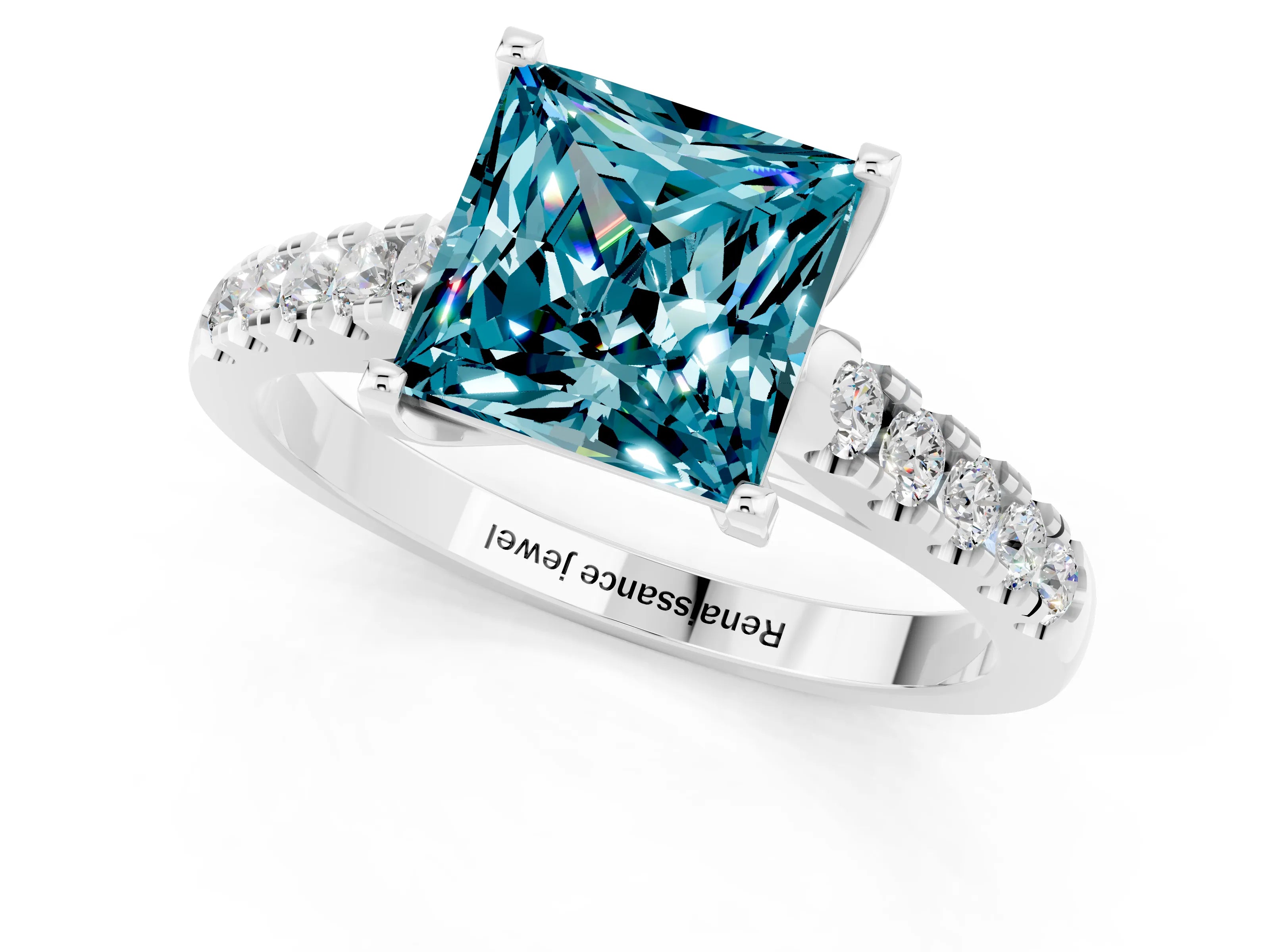 White gold {shape_name} Blue Topaz Solitaire Ring with Pavé Band and Four-Prong Setting_1