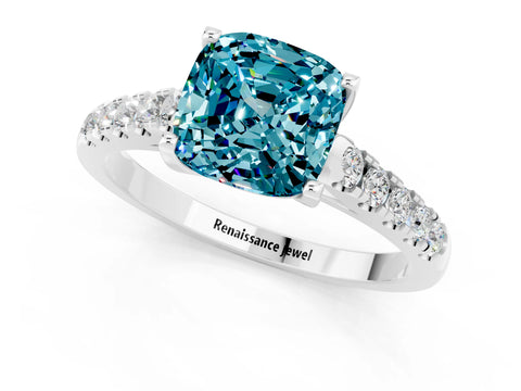 White gold {shape_name} Blue Topaz Solitaire Ring with Pavé Band and Four-Prong Setting_1
