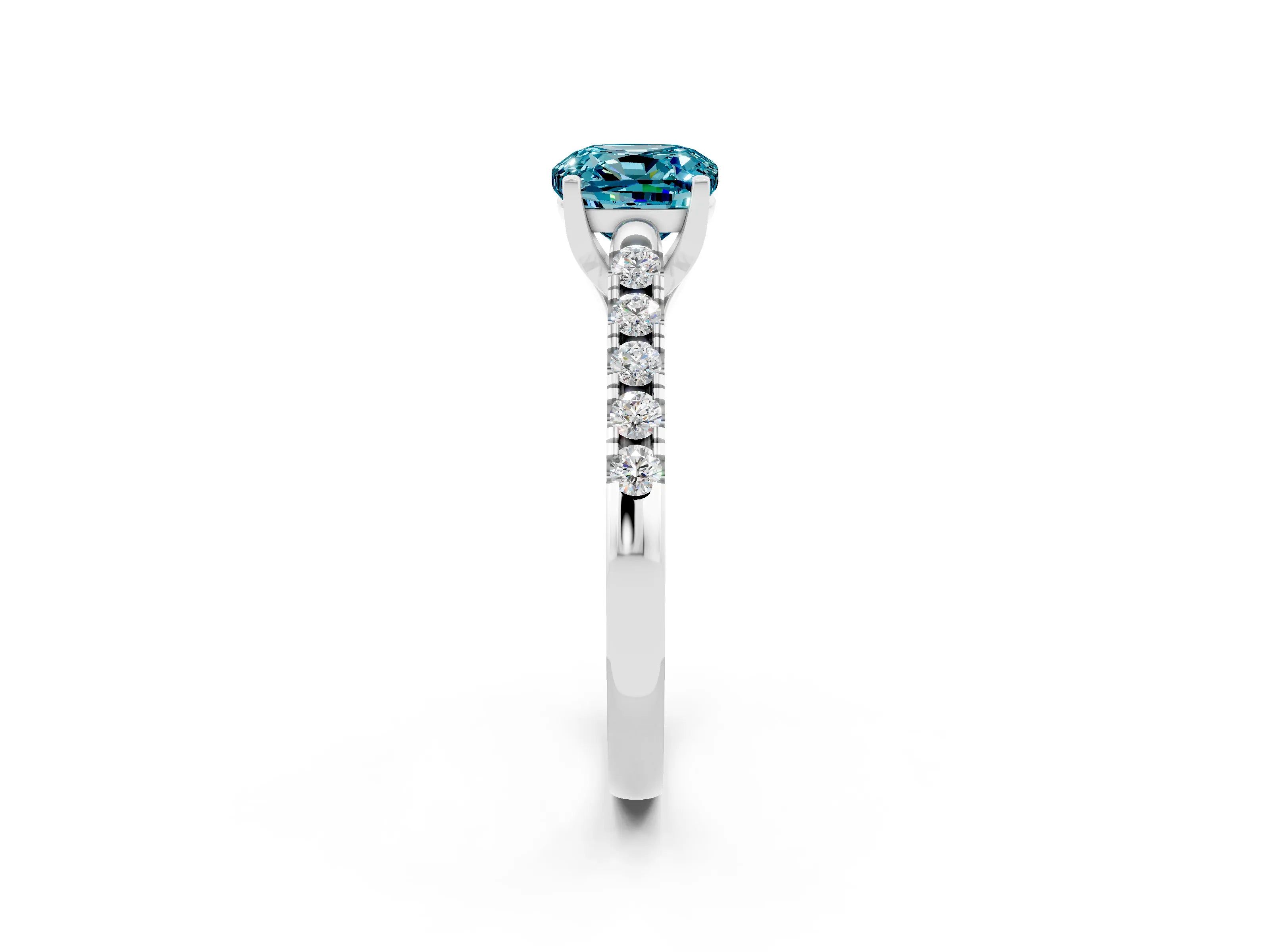White gold {shape_name} Blue Topaz Solitaire Ring with Pavé Band and Four-Prong Setting_2