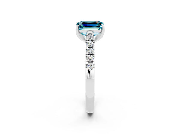 Platinum Emerald Cut Blue Topaz Pavé Band Solitaire Ring with Prong Setting
