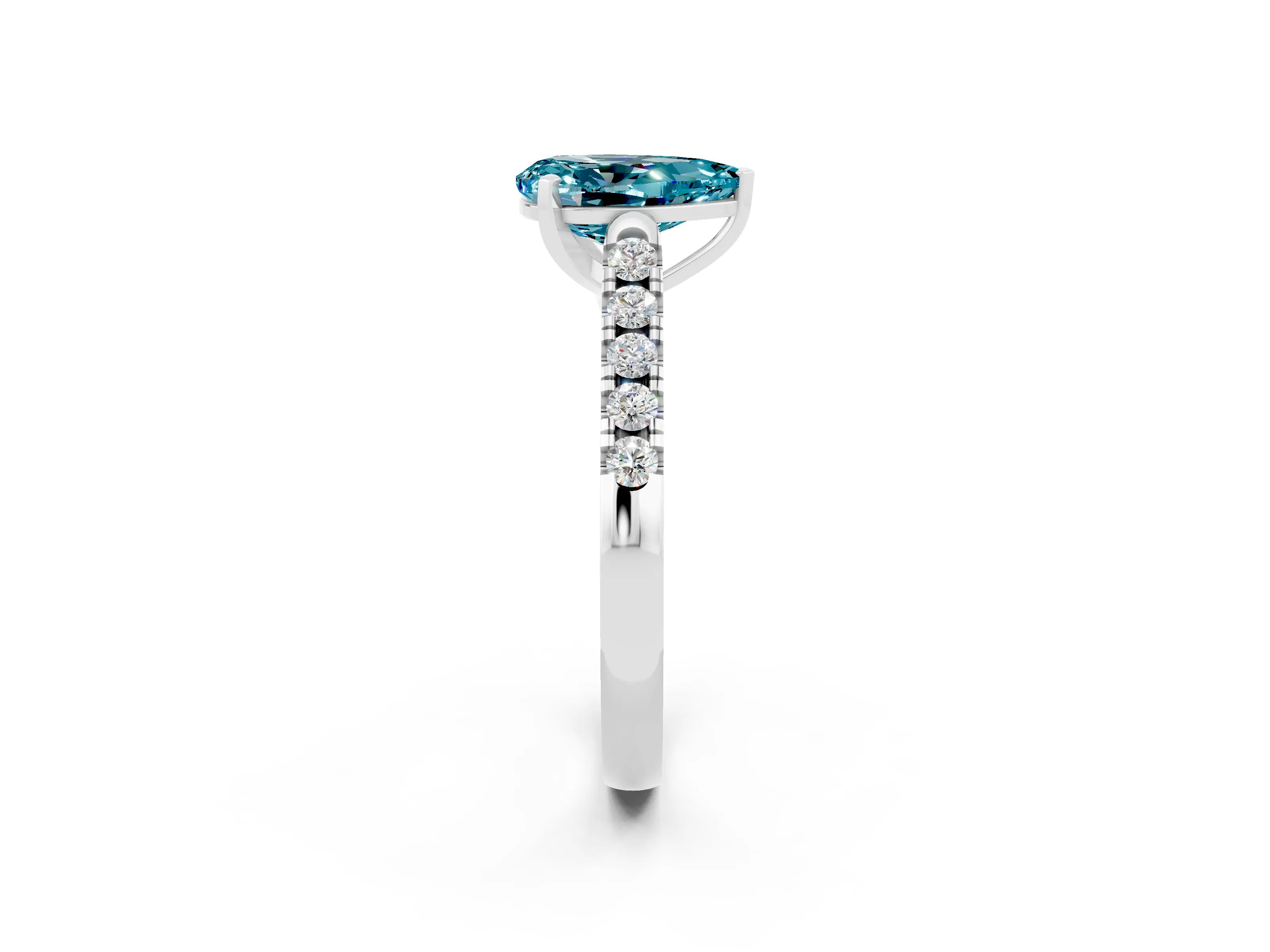 White gold {shape_name} Blue Topaz Solitaire Ring with Pavé Band and Four-Prong Setting_2