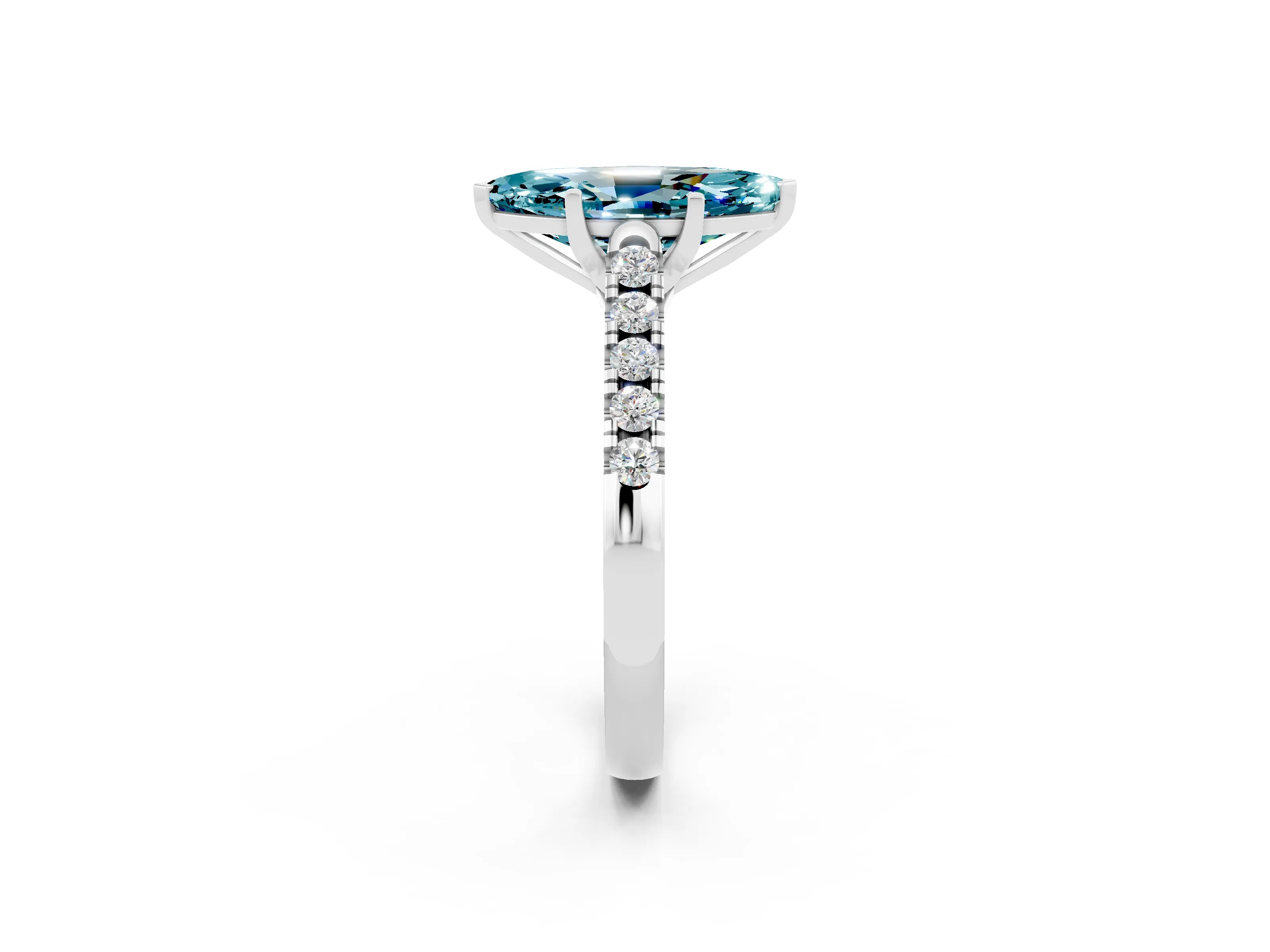 White gold {shape_name} Blue Topaz Solitaire Ring with Pavé Band and Four-Prong Setting_2