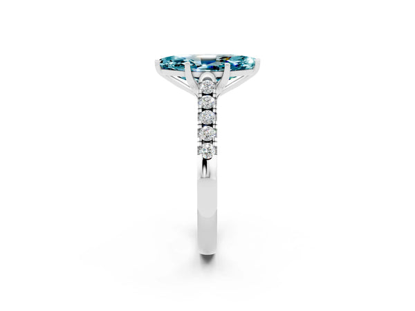 Platinum Marquise Cut Blue Topaz Pavé Band Solitaire Ring with Prong Setting