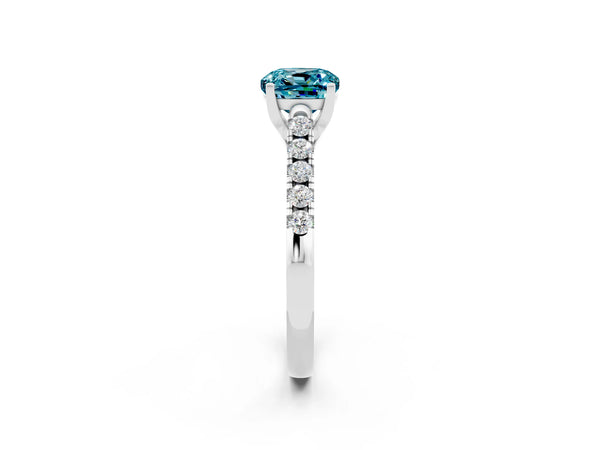 Silver Cushion Cut Blue Topaz Pavé Band Solitaire Ring with Prong Setting
