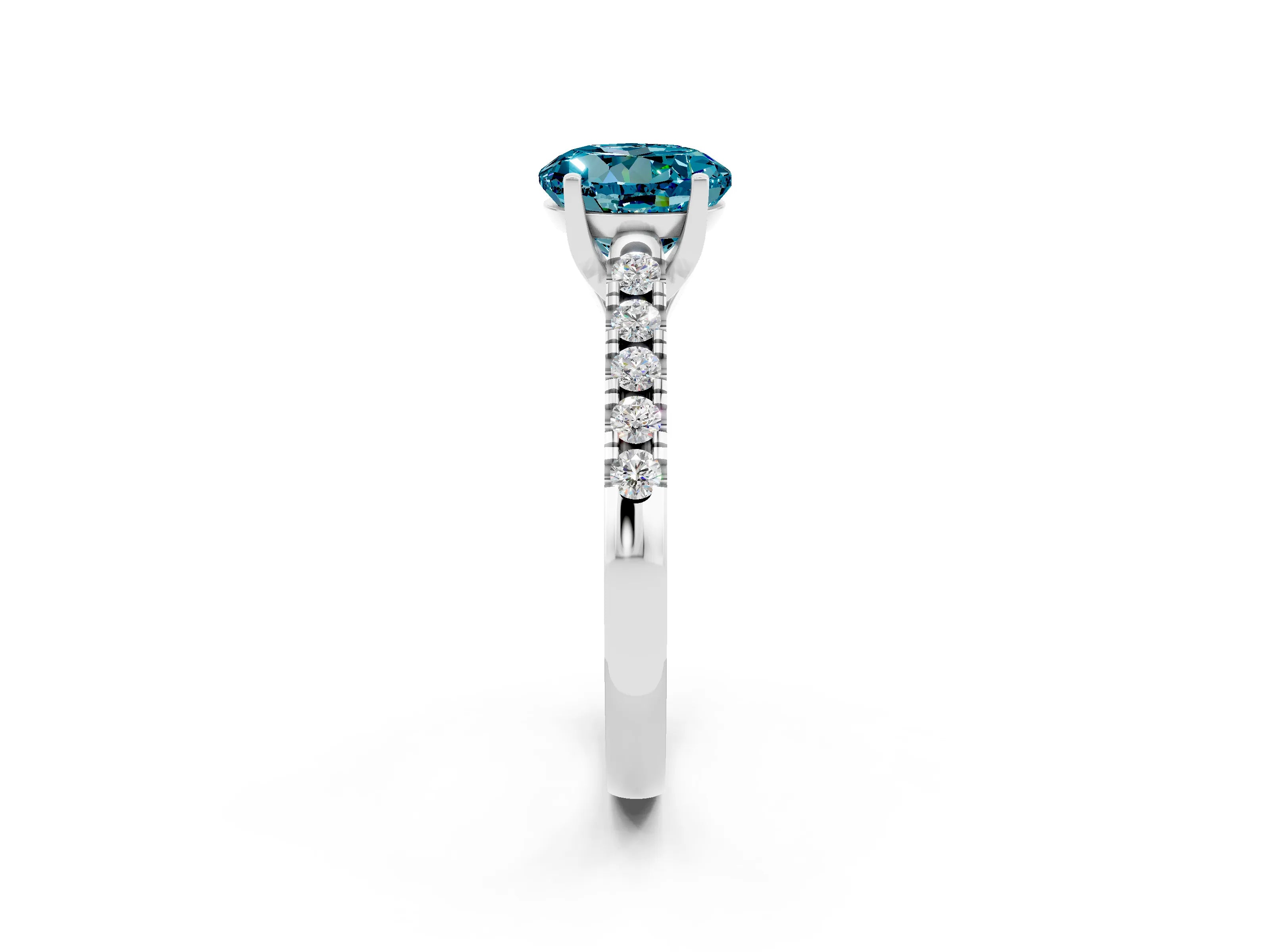 White gold {shape_name} Blue Topaz Solitaire Ring with Pavé Band and Four-Prong Setting_2
